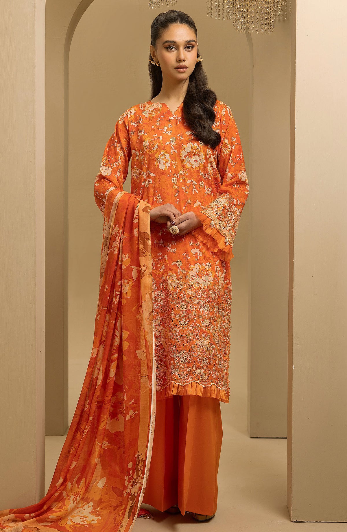 Printkari by Nur Embroidered Lawn Unstitched 3 Piece Suit - PN-35 - NUR25PTK - Orange - Summer Collection