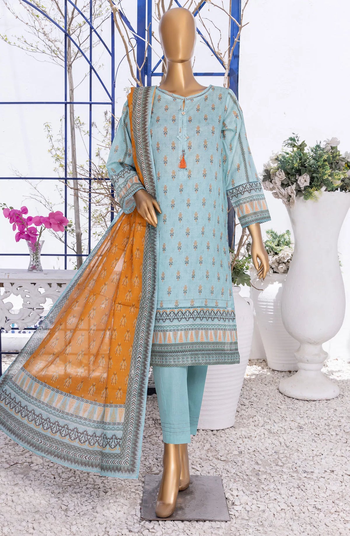 HZ RTW Summer Bloom Printed 3 Pc Collection - PNL-403 BLUE & RUST