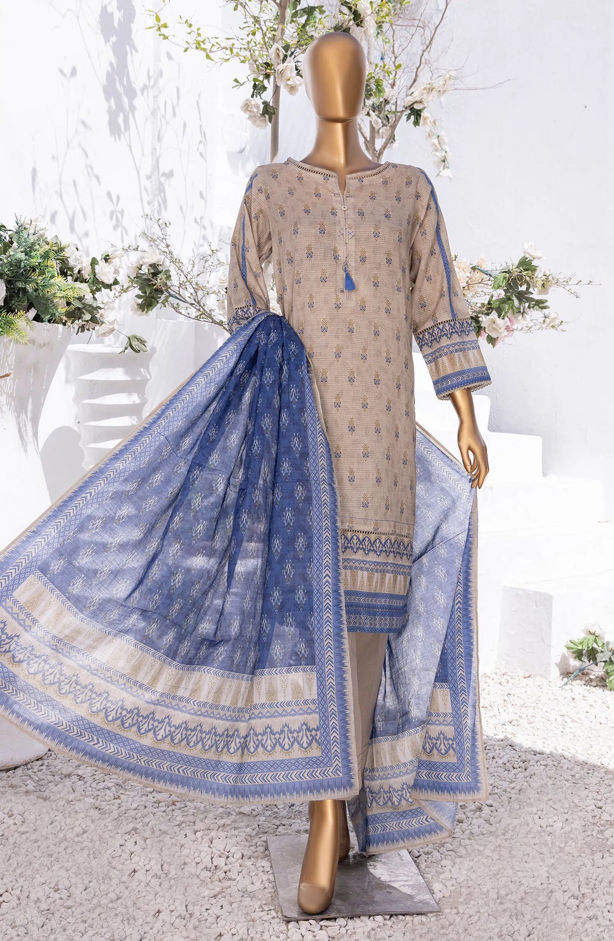 HZ RTW Summer Bloom Printed 3 Pc Collection - PNL-404 BEIGE & BLUE