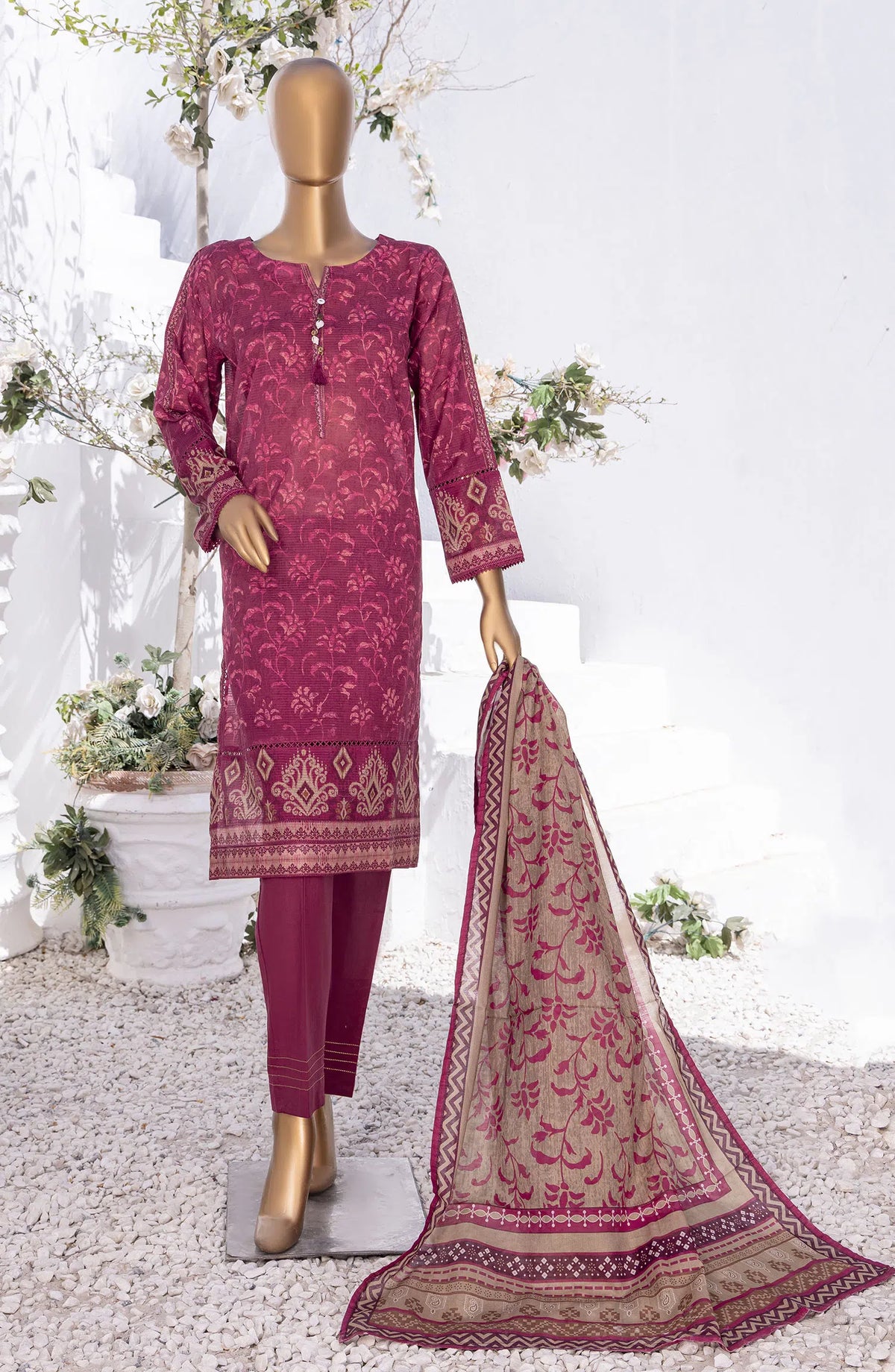 HZ RTW Summer Bloom Printed 3 Pc Collection - PNL-408 BURGUNDY