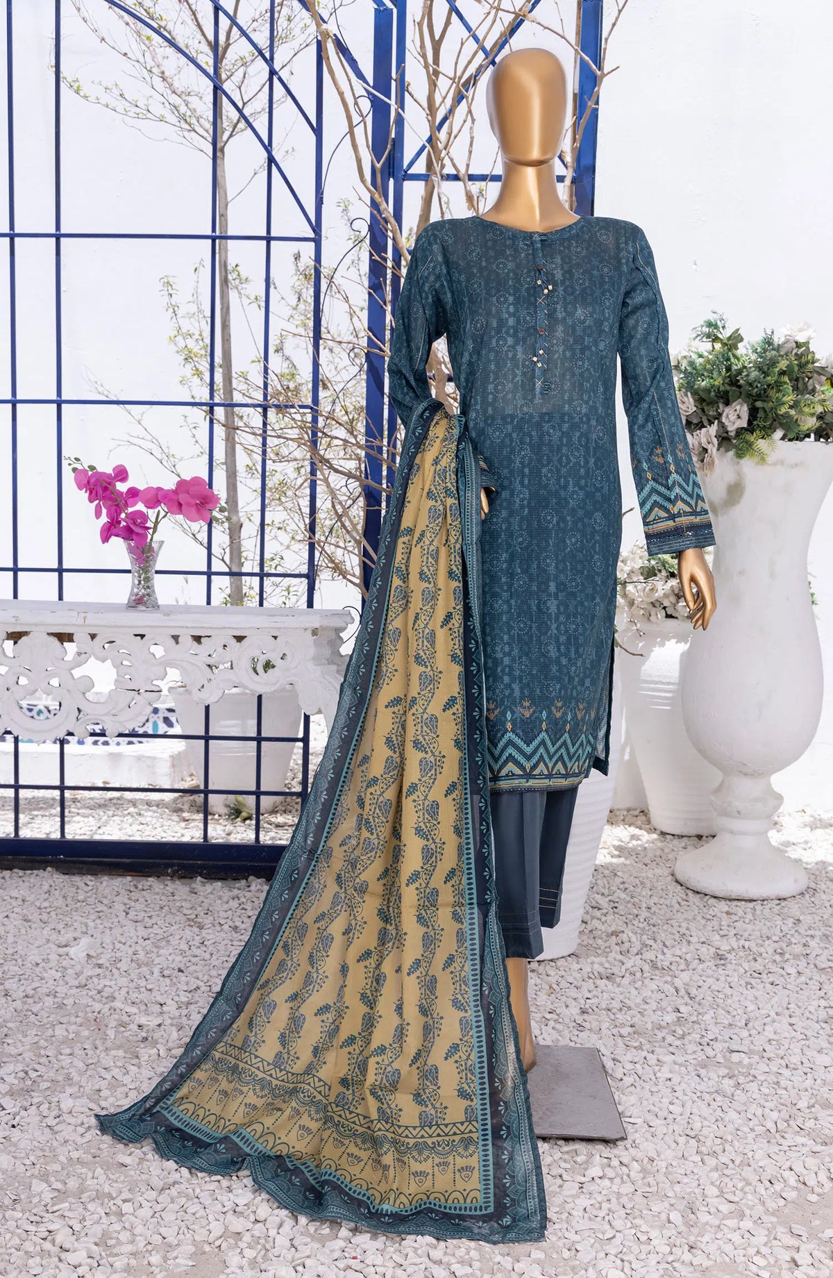 HZ RTW Summer Bloom Printed 3 Pc Collection - PNL-409 ZINC