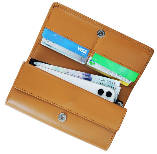 Women Round Stripe Leather Clutch Long Wallet PIPIN CAMEL
