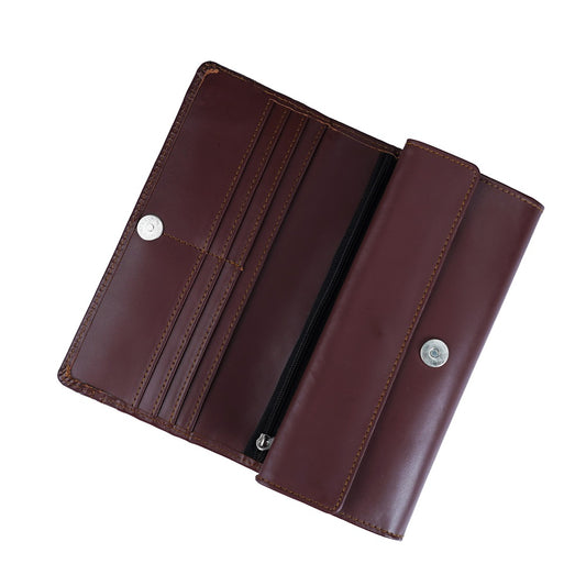 Women Round Stripe Leather Clutch Long Wallet PIPIN BURGUNDY