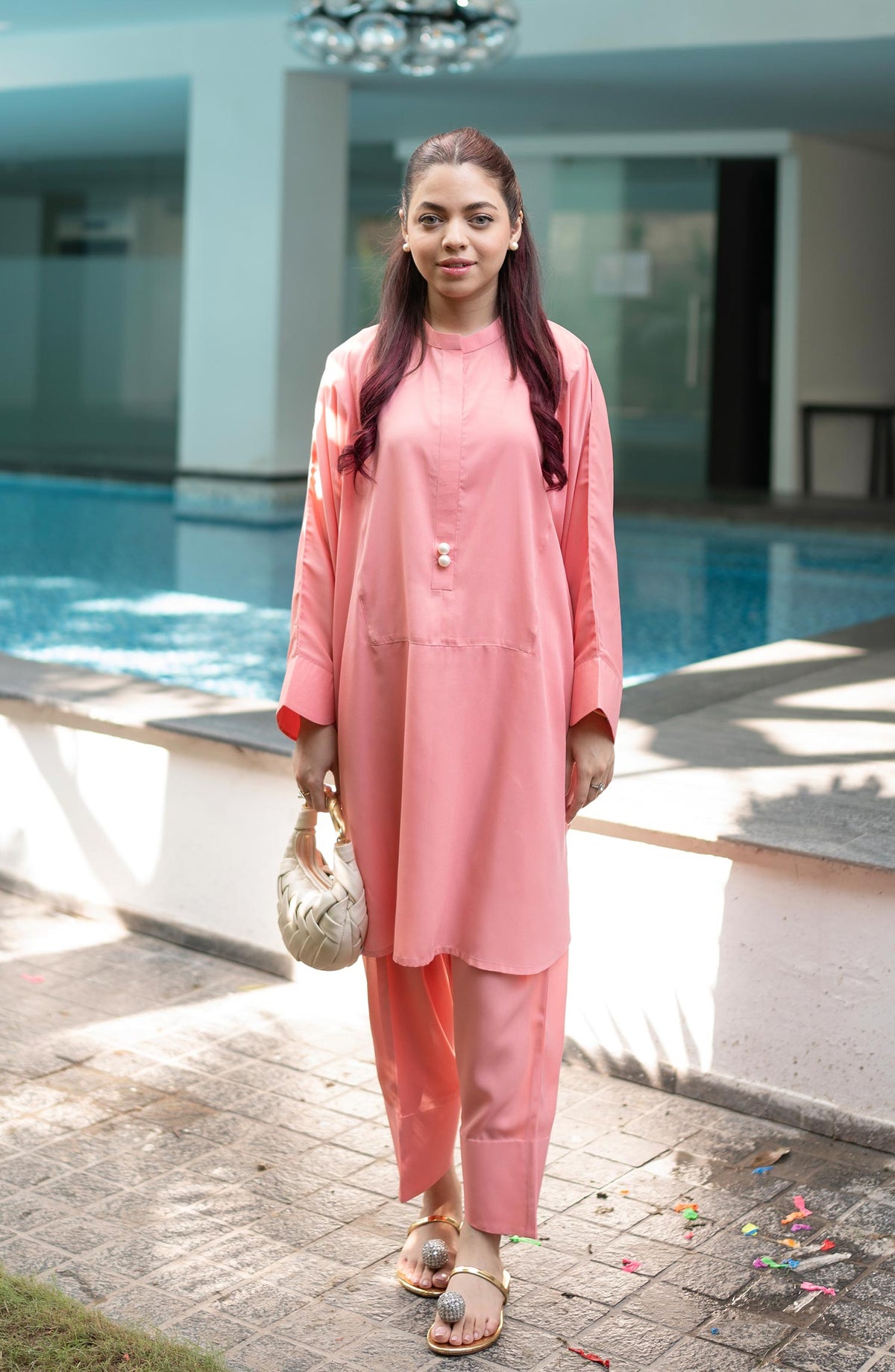 La Rosaa Solid georgette Stitched 2 Piece - Powder Puff - Pink - Casual Collection