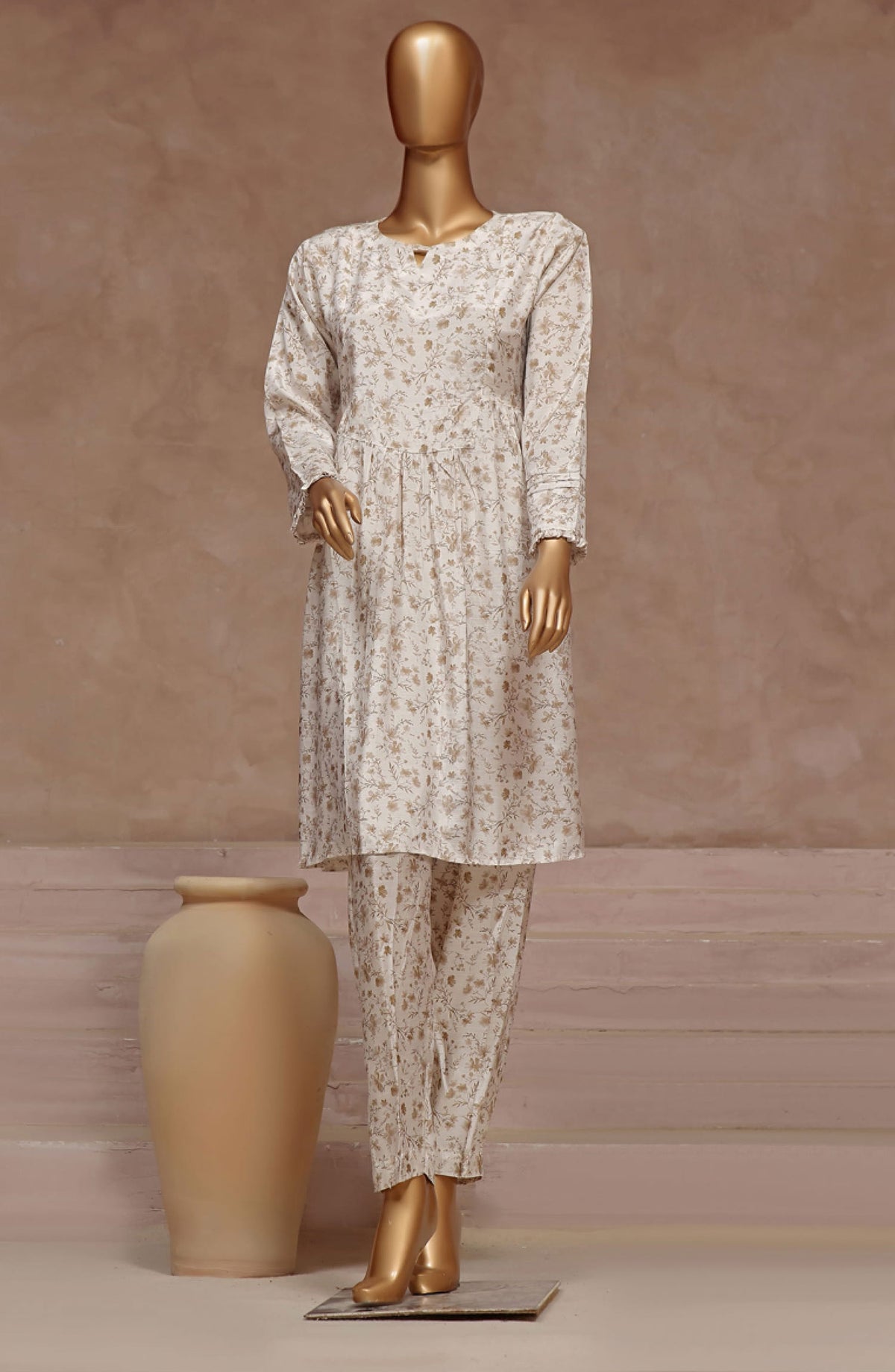 HZ RTW Florence Printed Raw Silk 2 Pc Frocks Collection - PRF-101 Vintage IVORY