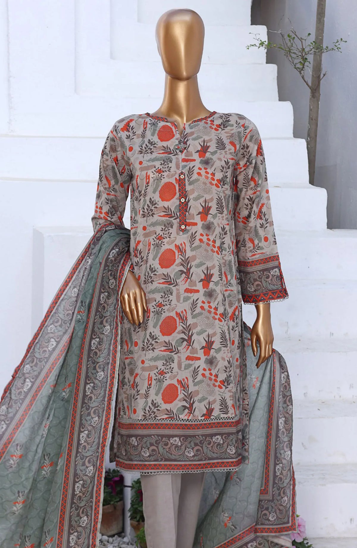 HZ RTW Summer Vibes Printed Lawn Collection Vol 01 - PSL 403 OLIVE BEIGE
