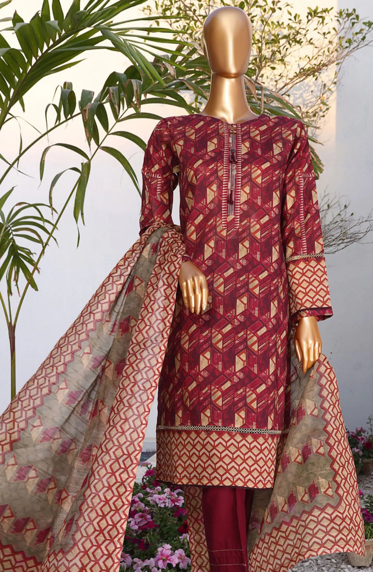 HZ RTW Summer Vibes Printed Lawn Collection Vol 01 - PSL 408 BURGUNDY