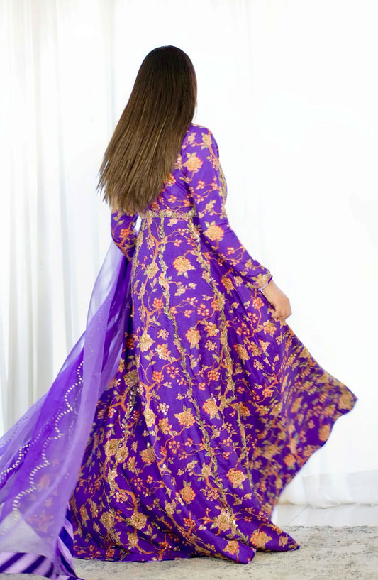 Hues Atelier Embroidered Korean Raw Silk 2 Piece - Purple Printed Pishwas Formal - HA25LF - Blue - Festive Collection