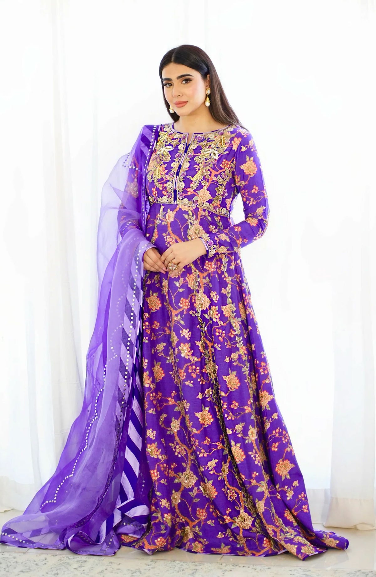 Hues Atelier Embroidered Korean Raw Silk 2 Piece - Purple Printed Pishwas Formal - HA25LF - Blue - Festive Collection