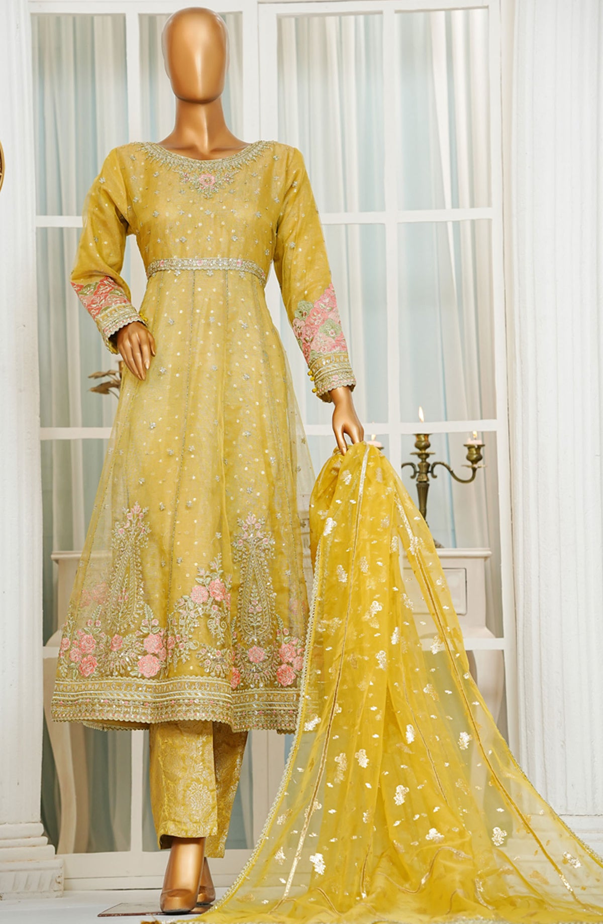 Jashn by HZ Textile Embroidered Zarri Net Stitched 3 Piece Suit - HZK-208 Yellow - HZ25JFF - Yellow - Wedding Collection