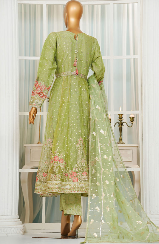 Jashn by HZ Textile Embroidered Zarri Net Stitched 3 Piece Suit - HZK-208 Green - HZ25JFF - Green - Wedding Collection