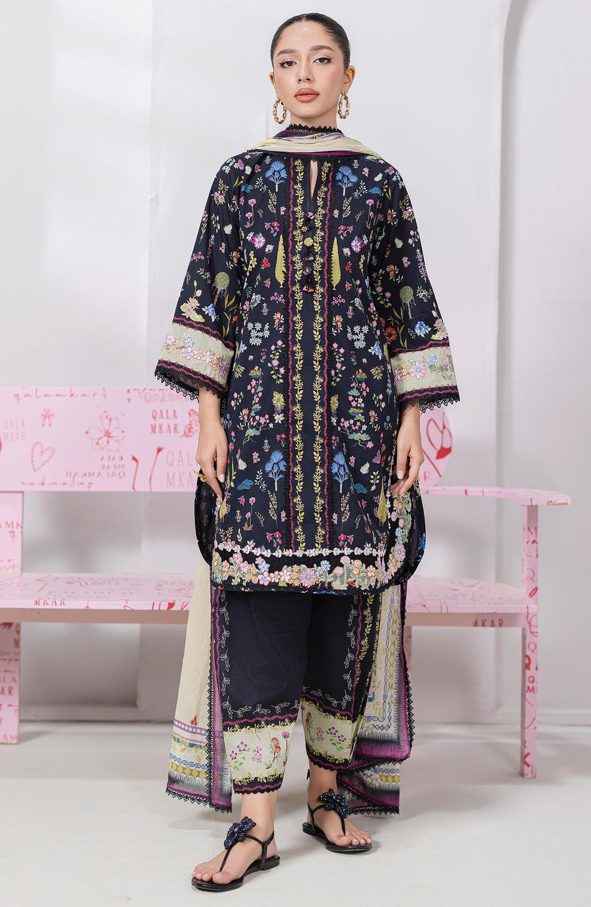 Qalamkar Embroidered Lawn Unstitched 3 Piece Suit - EM-09 B Paige - Q25QLMP - Black - Summer Collection