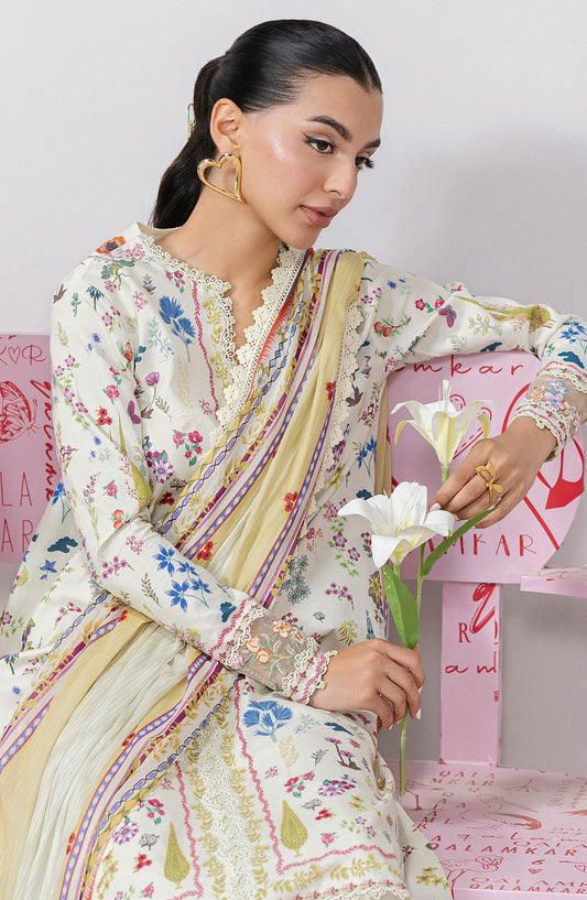 Qalamkar Embroidered Lawn Unstitched 3 Piece Suit - EM-09 A Hazel - Q25QLMP - Off White - Summer Collection