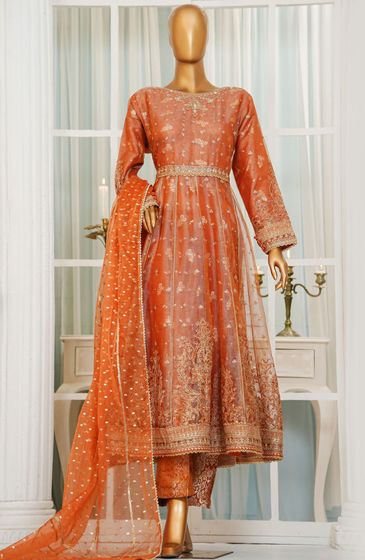 Jashn by HZ Textile Embroidered Zarri Net Stitched 3 Piece Suit - HZK-206 Orange - HZ25JFF - Orange - Wedding Collection