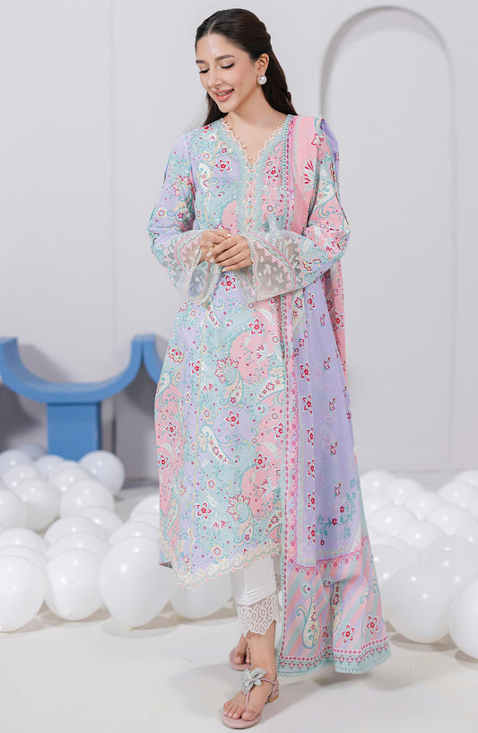 Qalamkar Embroidered Lawn Unstitched 3 Piece Suit - EM-03 A Jade - Q25QLMP - Blue - Summer Collection