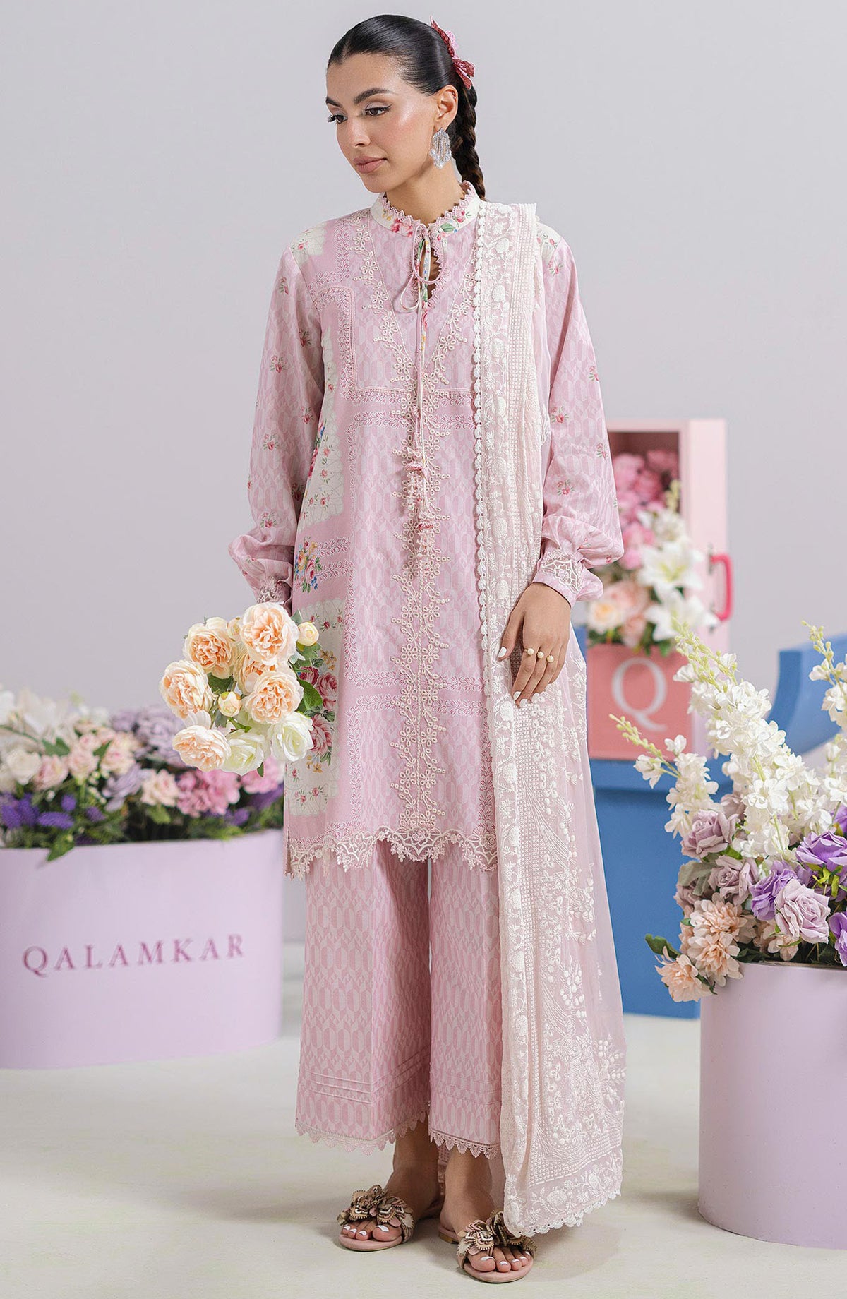 Qalamkar Embroidered Lawn Unstitched 3 Piece Suit - EM-02 B Kira - Q25QLMP - Pink - Summer Collection