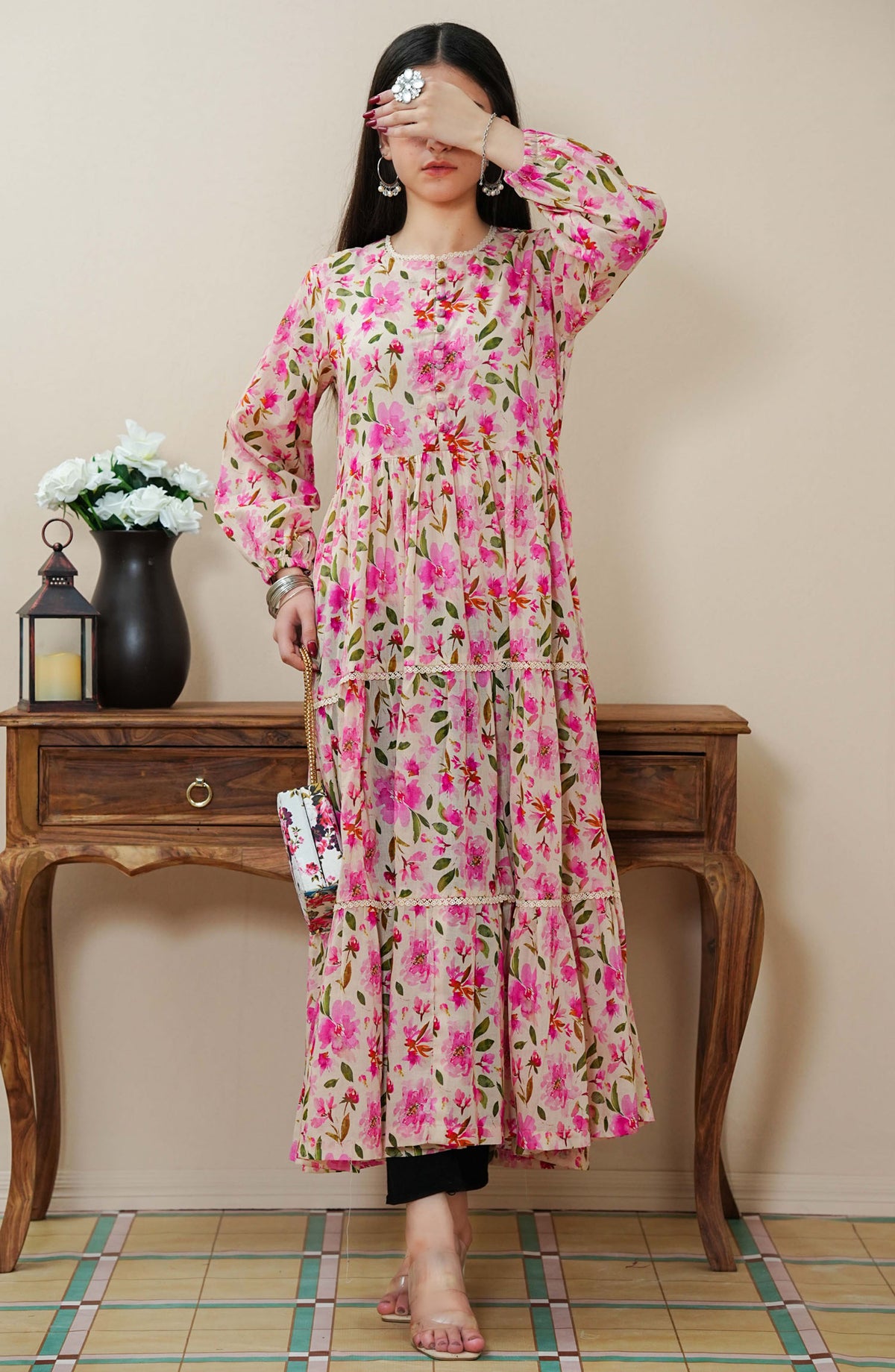Quadra Floral by Amna Khadija Printed Lawn Stitched 1 Piece Frock - QFLD-12 - AM25QFL - Pink - Casual Collection