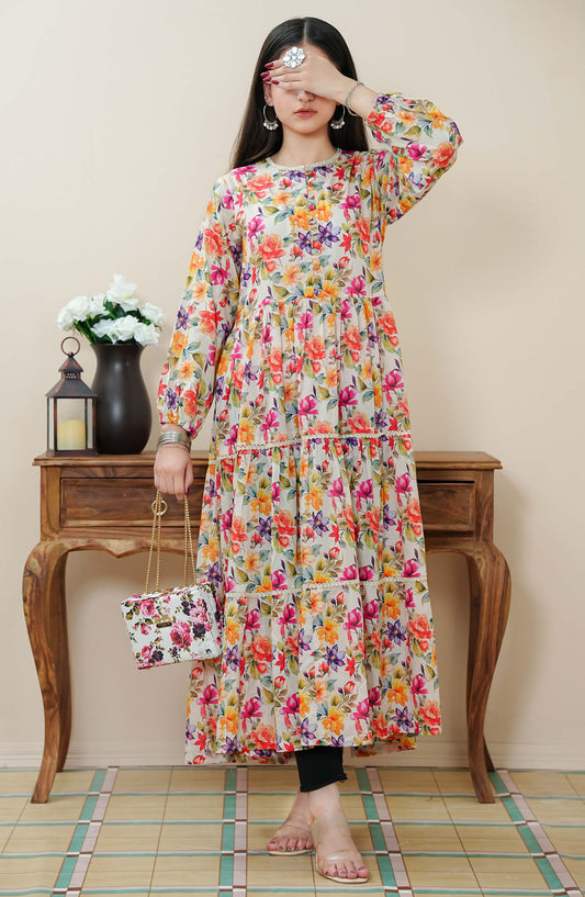 Quadra Floral by Amna Khadija Printed Lawn Stitched 1 Piece Frock - QFLD-13 - AM25QFL - Multi - Casual Collection