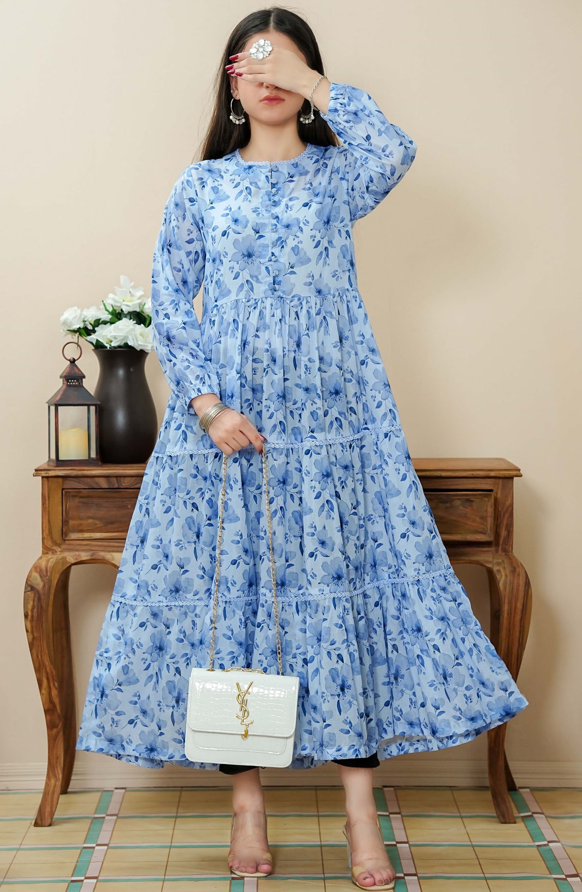 Quadra Floral by Amna Khadija Printed Lawn Stitched 1 Piece Frock - QFLD-14 - AM25QFL - Blue - Casual Collection