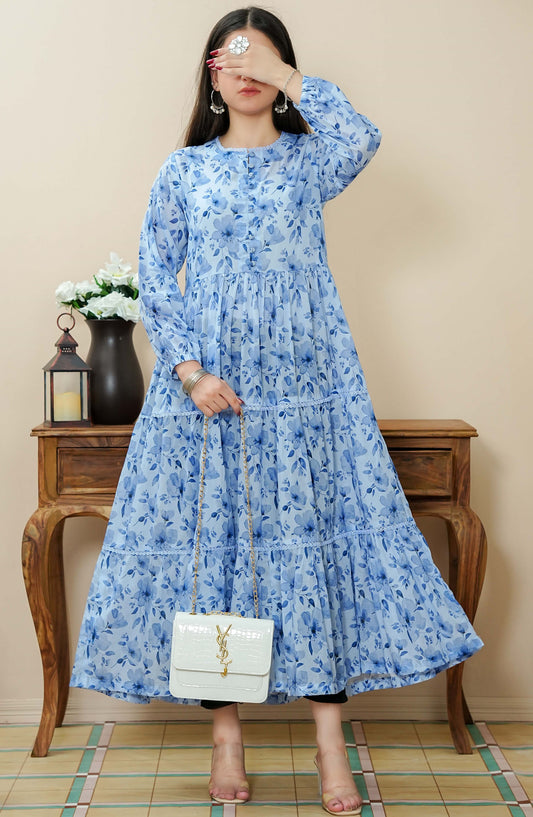 Quadra Floral by Amna Khadija Printed Lawn Stitched 1 Piece Frock - QFLD-14 - AM25QFL - Blue - Casual Collection