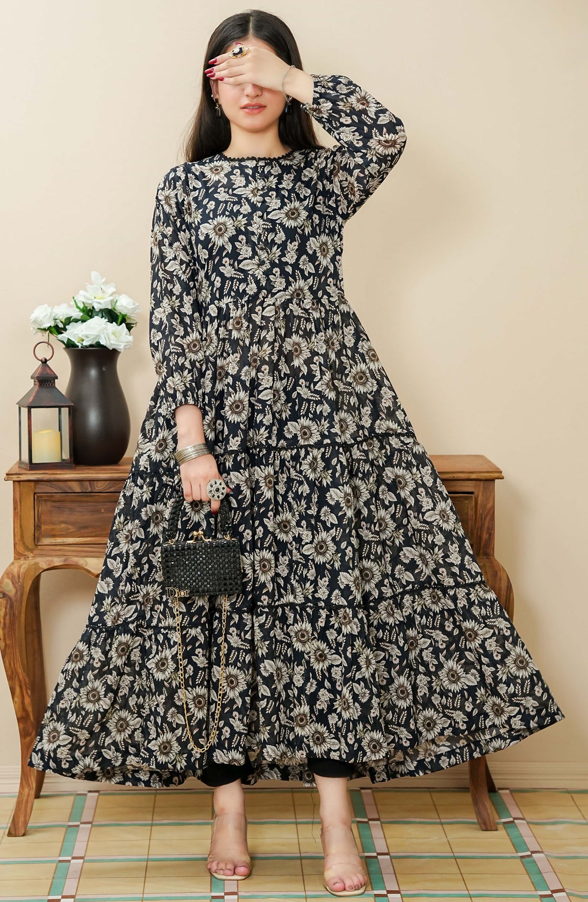 Quadra Floral by Amna Khadija Printed Lawn Stitched 1 Piece Frock - QFLD-15 - AM25QFL - Black - Casual Collection