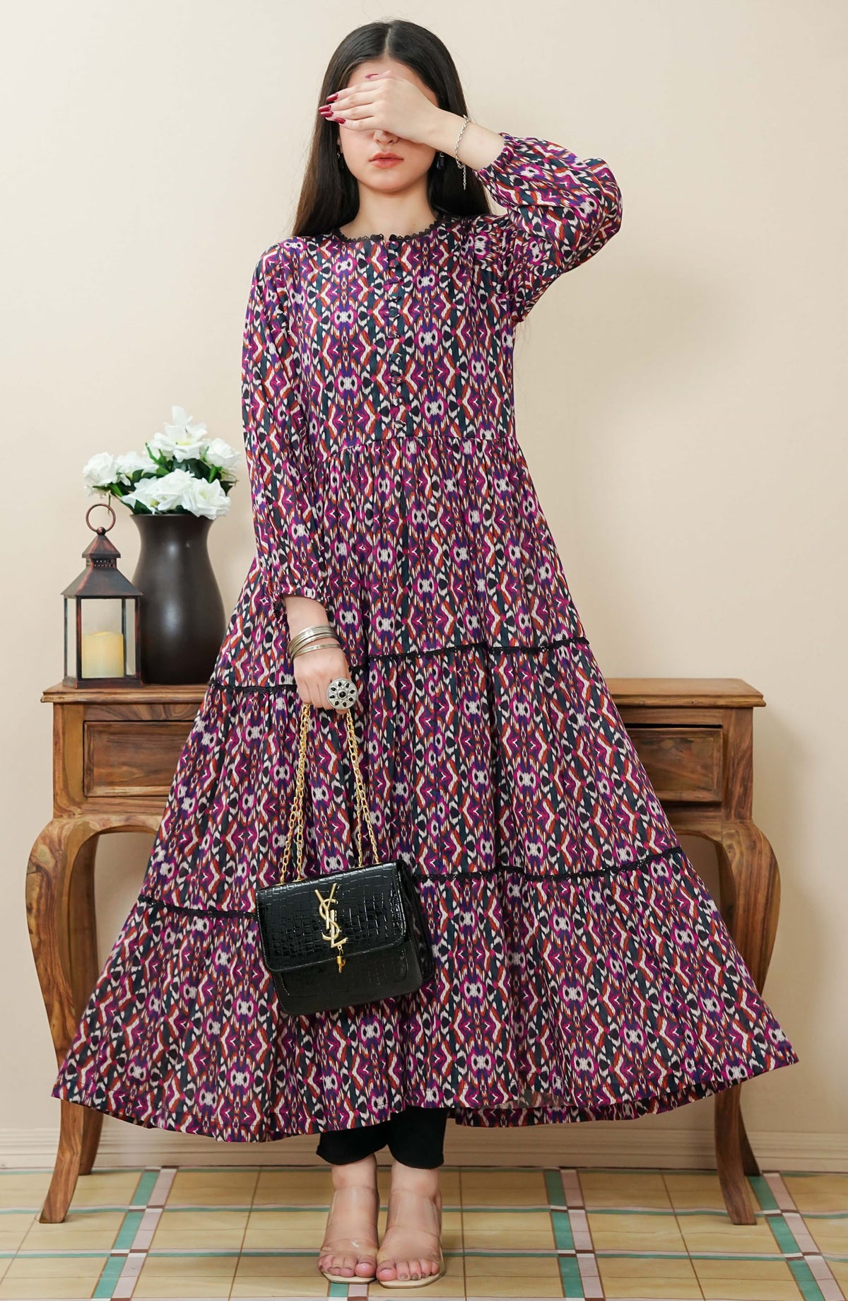 Quadra Floral by Amna Khadija Printed Lawn Stitched 1 Piece Frock - QFLD-16 - AM25QFL - Purple - Casual Collection