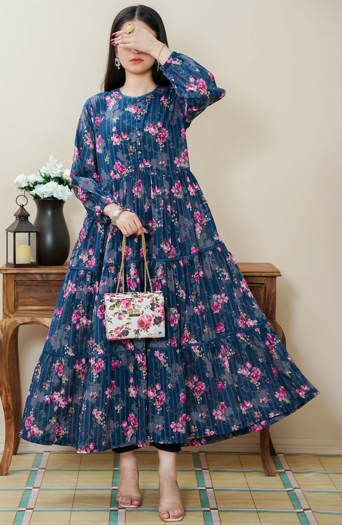 Quadra Floral by Amna Khadija Printed Lawn Stitched 1 Piece Frock - QFLD-17 - AM25QFL - Blue - Casual Collection