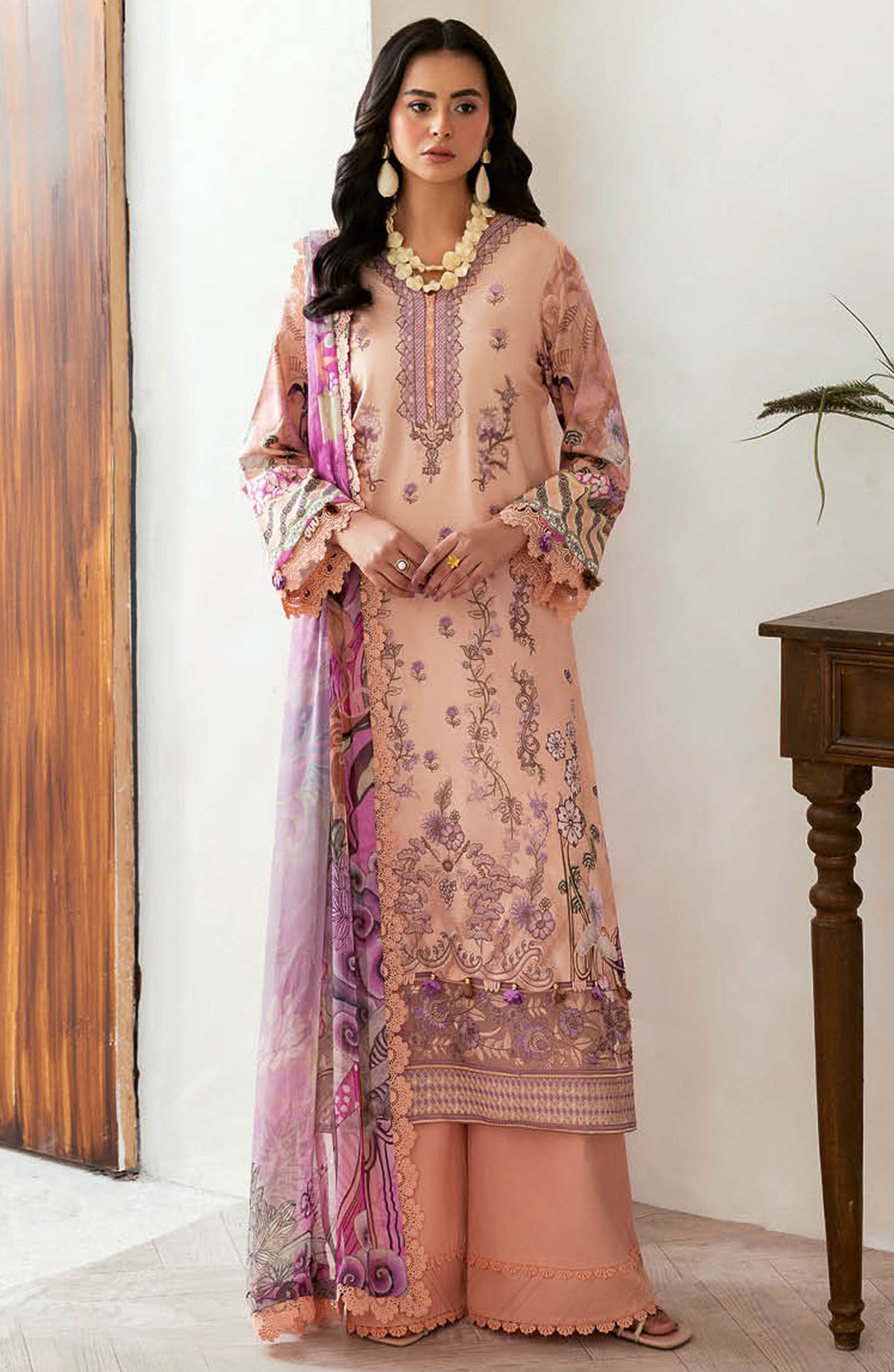 Mashaal by Ramsha Embroidered Lawn Unstitched 3 Piece Suit - Z-1411 - RM25MSHV14 - Peach - Summer Collection