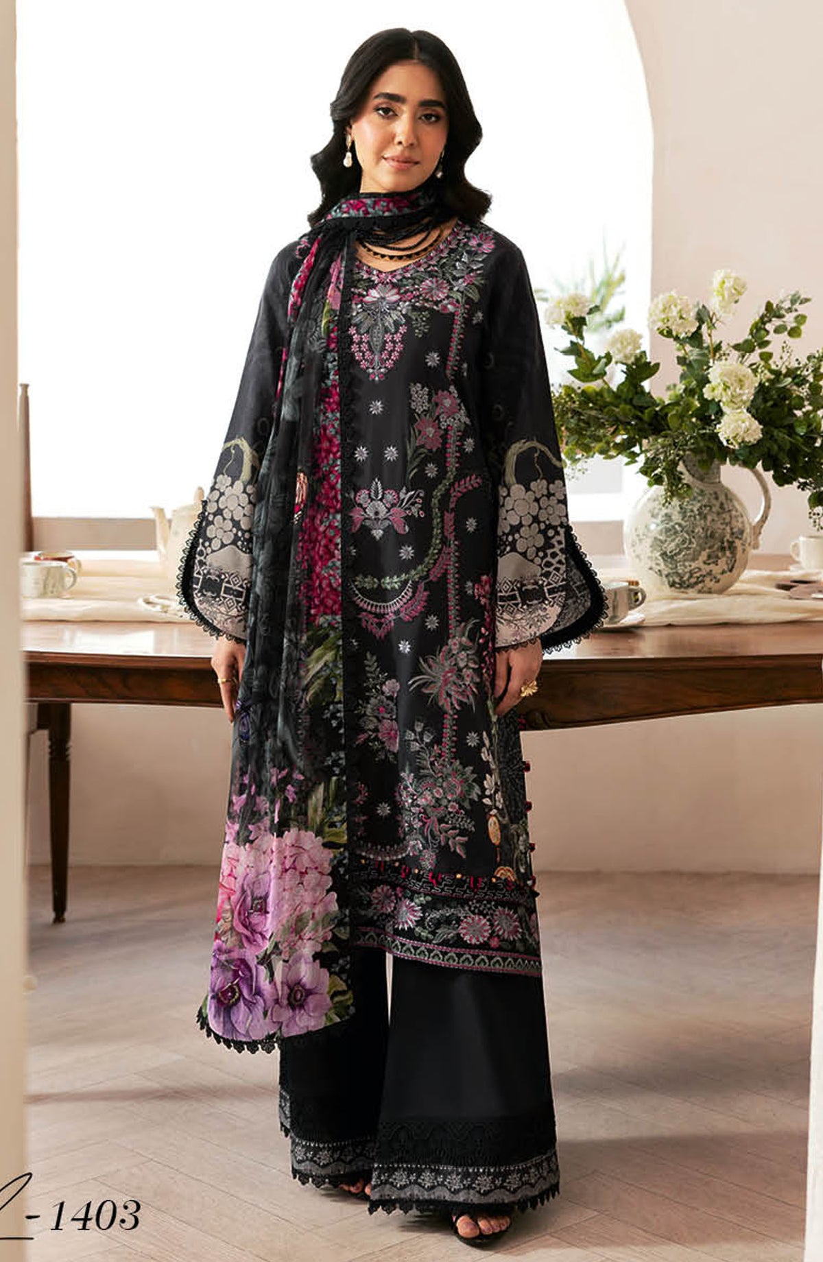 Mashaal by Ramsha Embroidered Lawn Unstitched 3 Piece Suit - Z-1403 - RM25MSHV14 - Black - Summer Collection