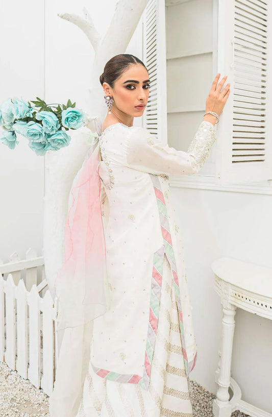 Hues Atelier Embroidered Raw Silk 3 Piece - Rania - HA25LF - White - Festive Collection