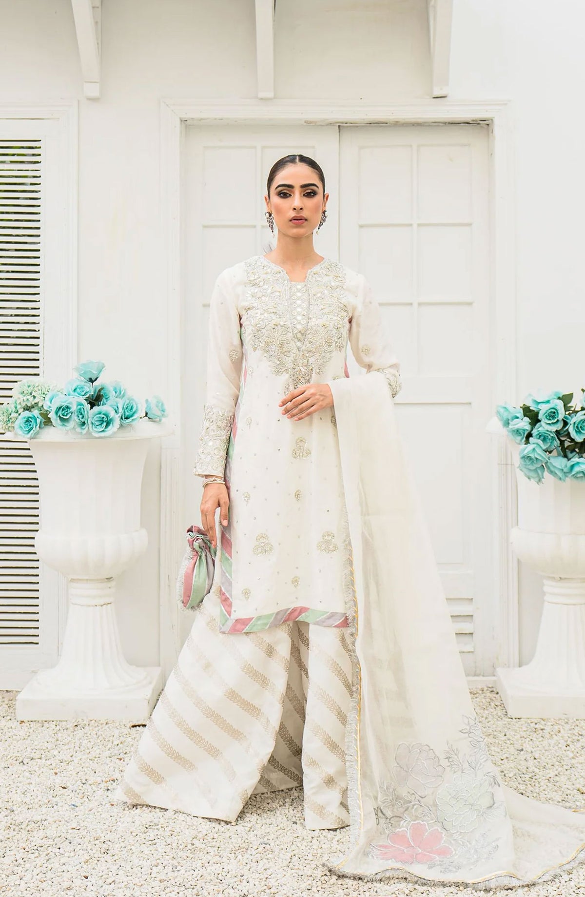 Hues Atelier Embroidered Raw Silk 3 Piece - Rania - HA25LF - White - Festive Collection