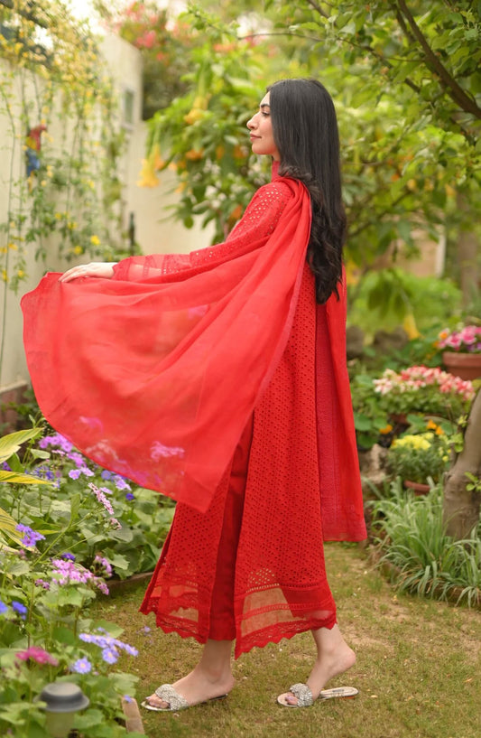 Hues Atelier Casual Chikankari Stitched 2 Piece - Red Chicken Angrakha - HA25BP - Red - Casual Collection