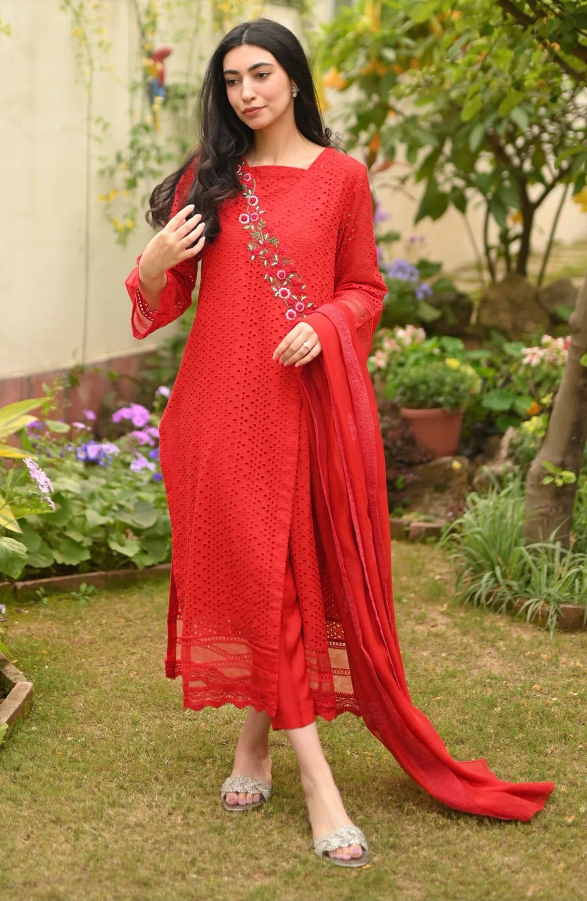 Hues Atelier Casual Chikankari Stitched 2 Piece - Red Chicken Angrakha - HA25BP - Red - Casual Collection