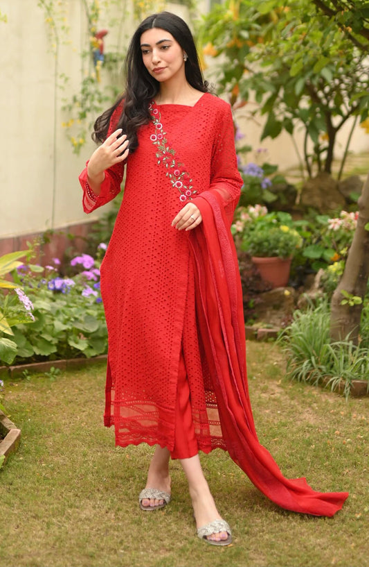 Hues Atelier Casual Chikankari Stitched 2 Piece - Red Chicken Angrakha - HA25BP - Red - Casual Collection