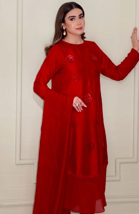 Luna Edit By Hues Atelier Embroidered Korean Raw Silk Stitched 3 Piece - Red Rosette - HA25L - Festive Collection
