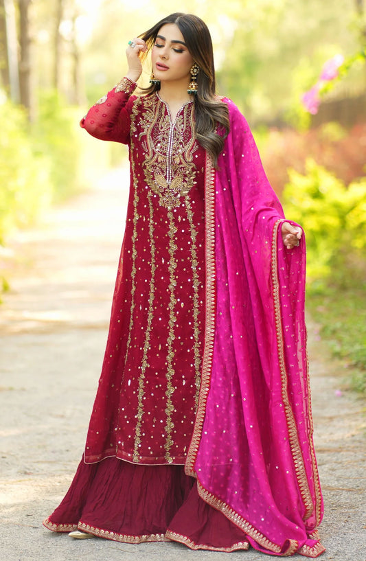 Hues Atelier Embroidered Zardozai 3 Piece - Red Zardozi - HA25LF - Red - Festive Collection