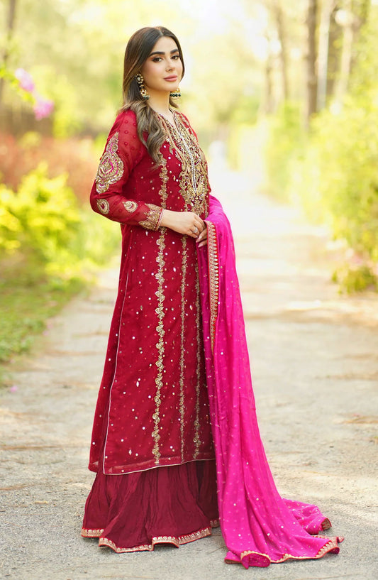 Hues Atelier Embroidered Zardozai 3 Piece - Red Zardozi - HA25LF - Red - Festive Collection