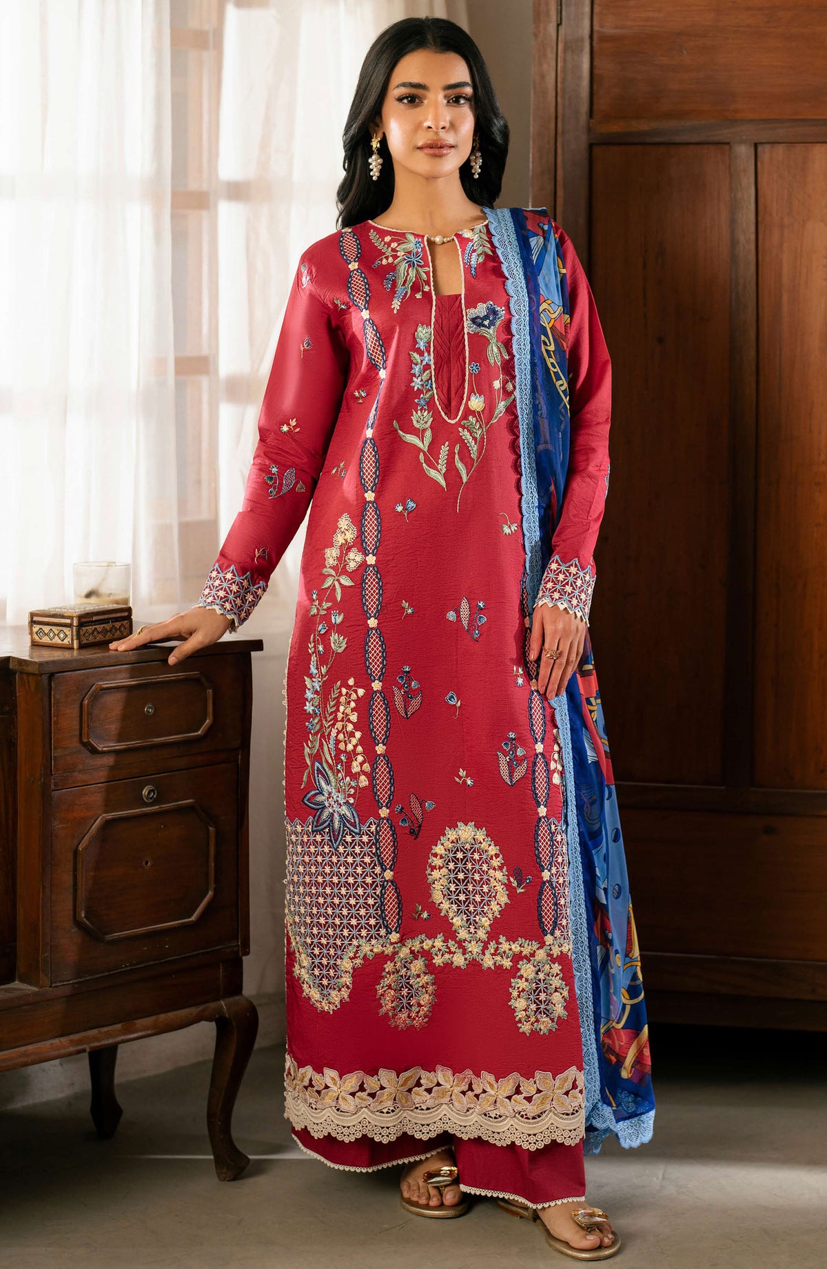 Aashiyana by Roheenaz Embroidered Lawn Unstitched 3 Piece Suit - RNZ-01 B Ushna - RH25ASHLL - Red - Summer Collection