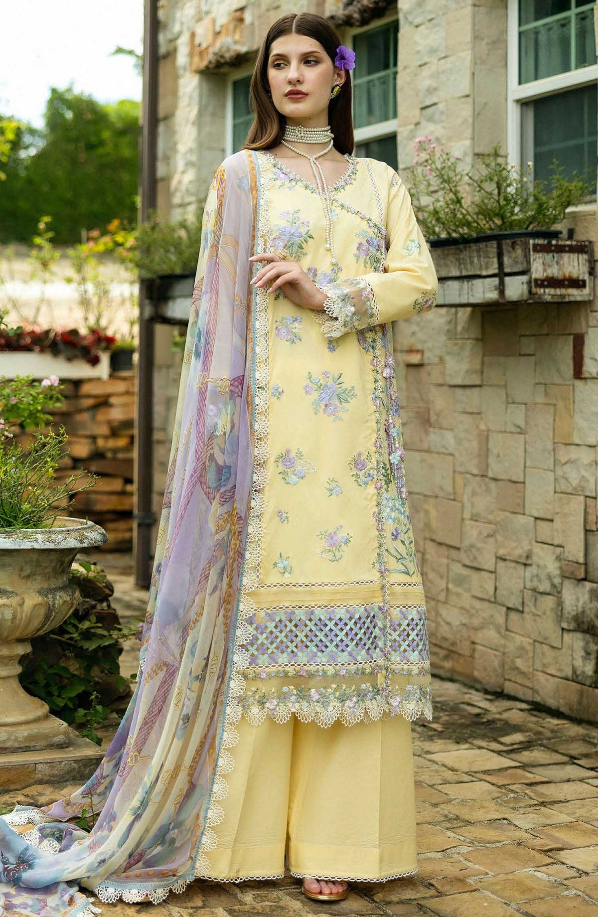 Flanerie by Roheenaz Embroidered Lawn Unstitched 3 Piece - RNZ-04A Gisele - RH25F - Creamy Yellow - Summer Collection