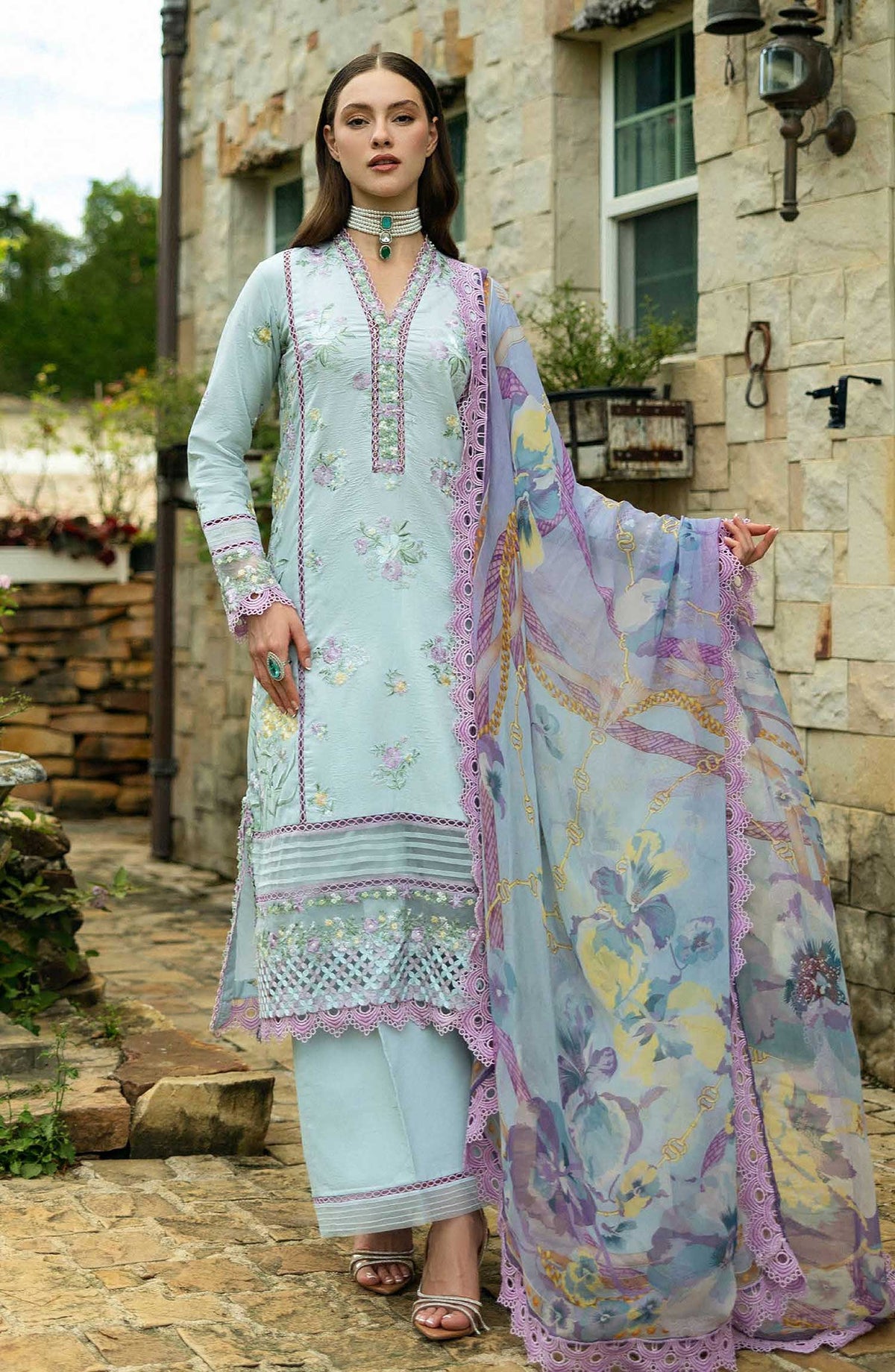 Flanerie by Roheenaz Embroidered Lawn Unstitched 3 Piece - RNZ-04B Emilie - RH25F - Light Blue - Summer Collection