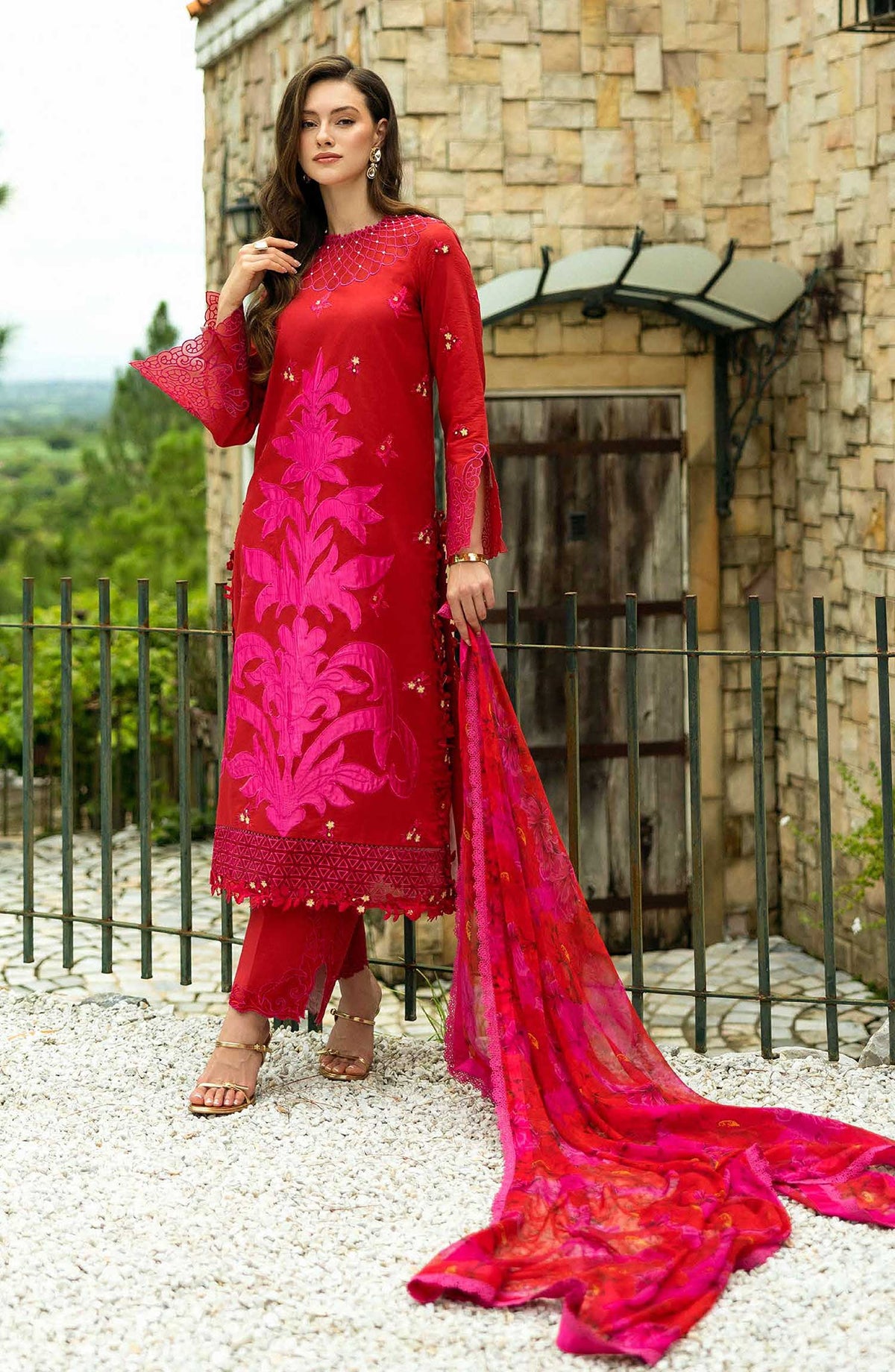Flanerie by Roheenaz Embroidered Lawn Unstitched 3 Piece - RNZ-05A Estelle - RH25F - Poppy Red - Summer Collection