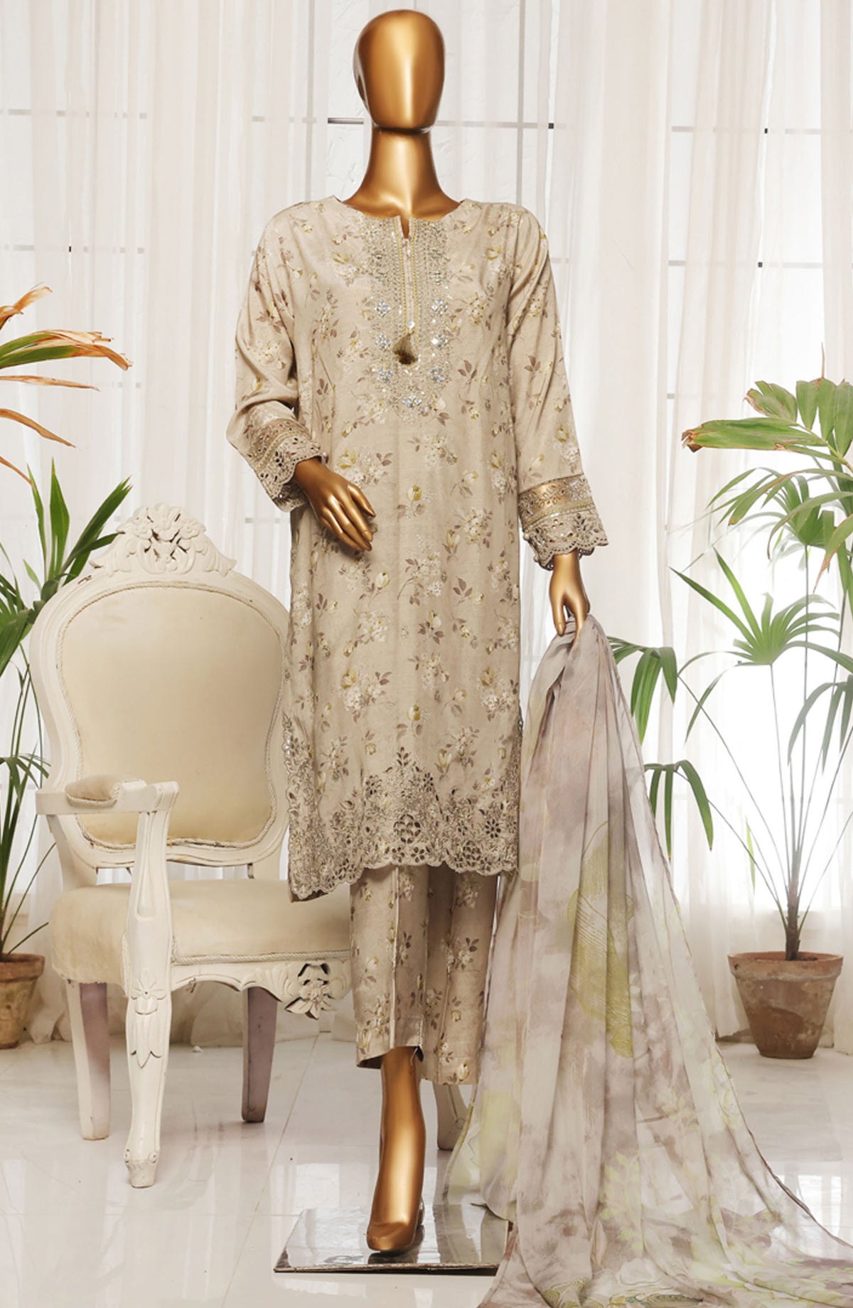 Majestic by HZ Textile Embroidered Rawsilk Stitched 3 Piece Suit - RTE-009 - HZ25MESF - Beige - Festive Collection