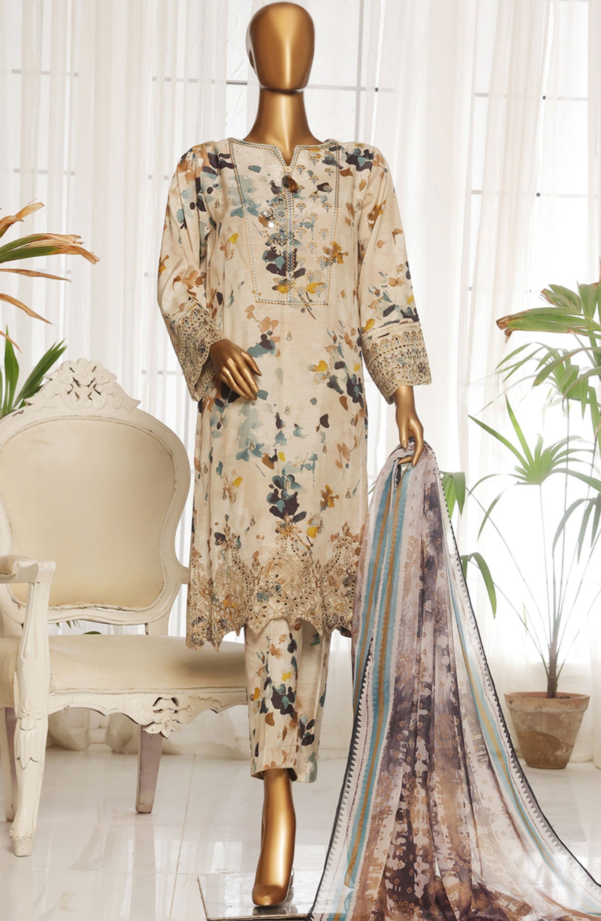Majestic by HZ Textile Embroidered Rawsilk Stitched 3 Piece Suit - RTE-010 - HZ25MESF - Off White - Festive Collection