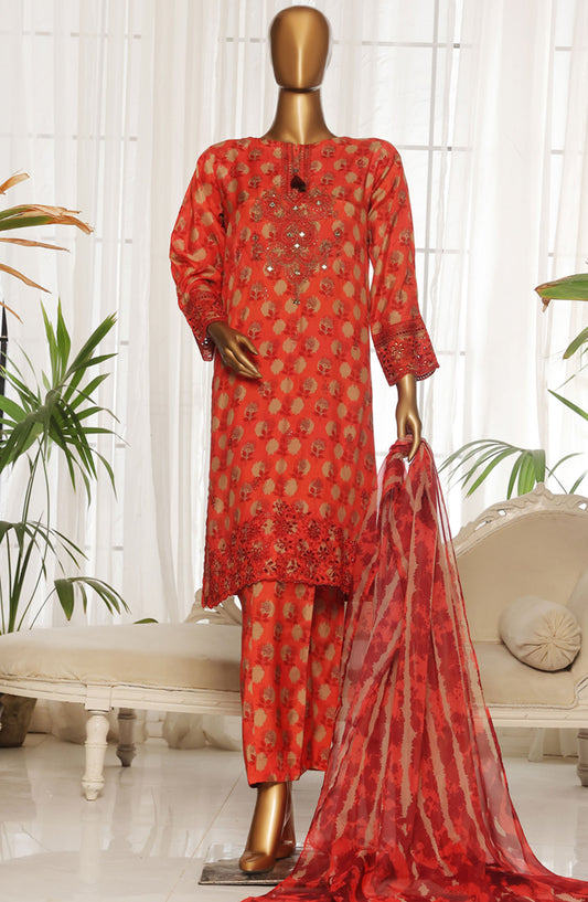 Majestic by HZ Textile Embroidered Rawsilk Stitched 3 Piece Suit - RTE-011 - HZ25MESF - Red - Festive Collection
