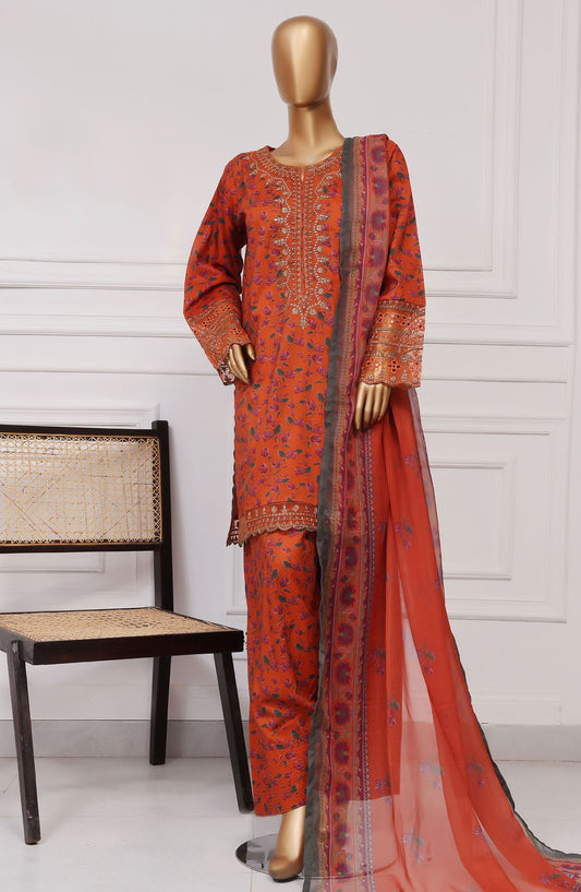 Malika by Sadabahar Embroidered Lawn Stitched 3 Piece Suit - D-04 - SBD25MELF - Orange - Summer Collection
