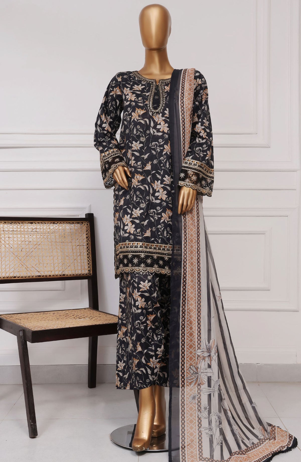 Malika by Sadabahar Embroidered Lawn Stitched 3 Piece Suit - D-01 - SBD25MELF - Black - Summer Collection