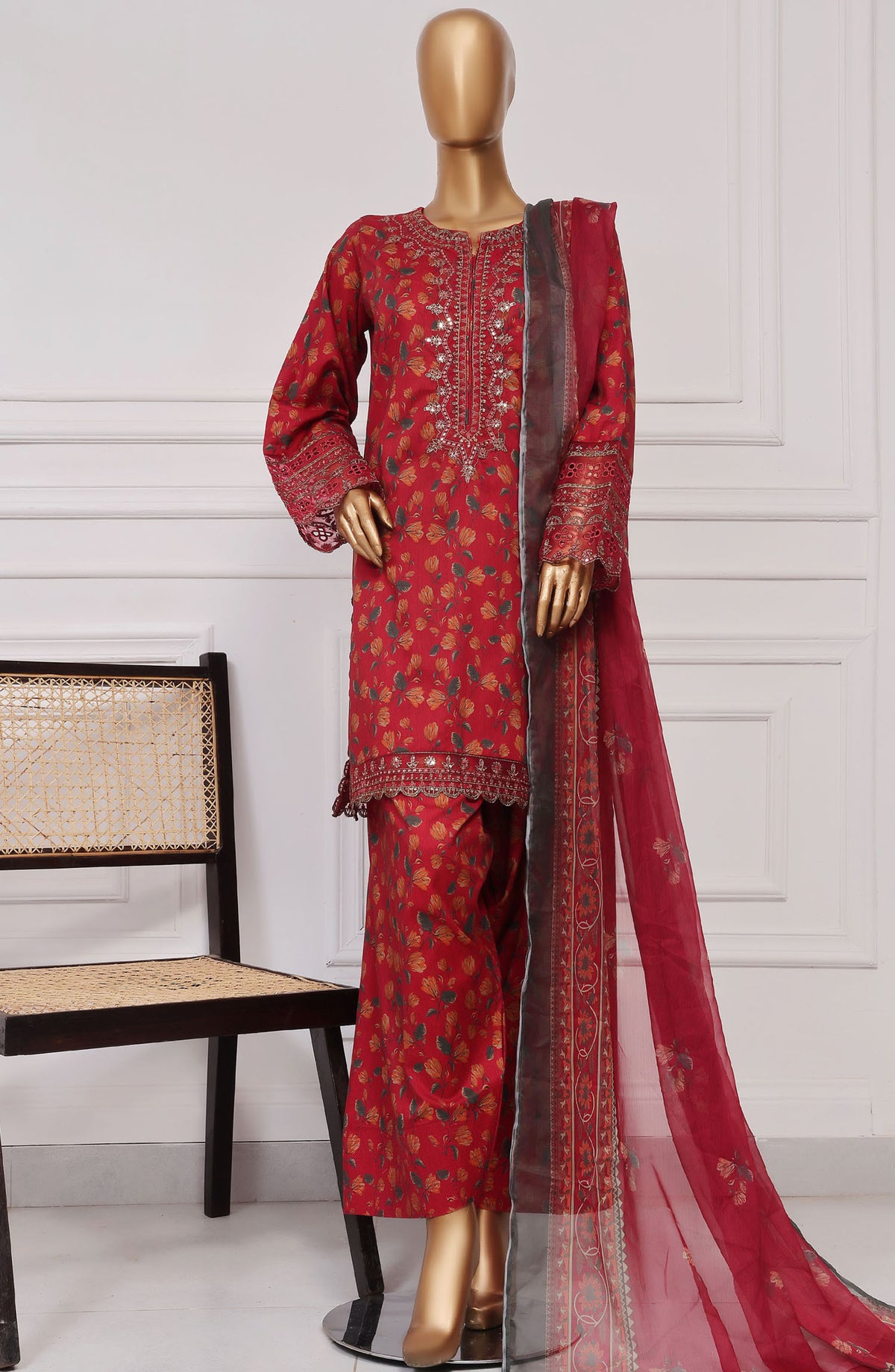 Malika by Sadabahar Embroidered Lawn Stitched 3 Piece Suit - D-02 - SBD25MELF - Red - Summer Collection