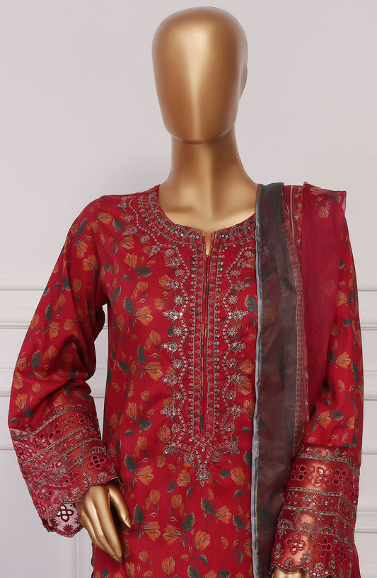 Malika by Sadabahar Embroidered Lawn Stitched 3 Piece Suit - D-02 - SBD25MELF - Red - Summer Collection