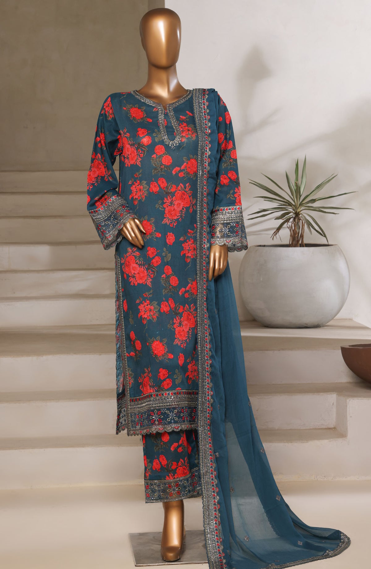 Malika by Sadabahar Embroidered Lawn Stitched 3 Piece Suit - D-06 - SBD25MEFV5 - Blue - Summer Collection
