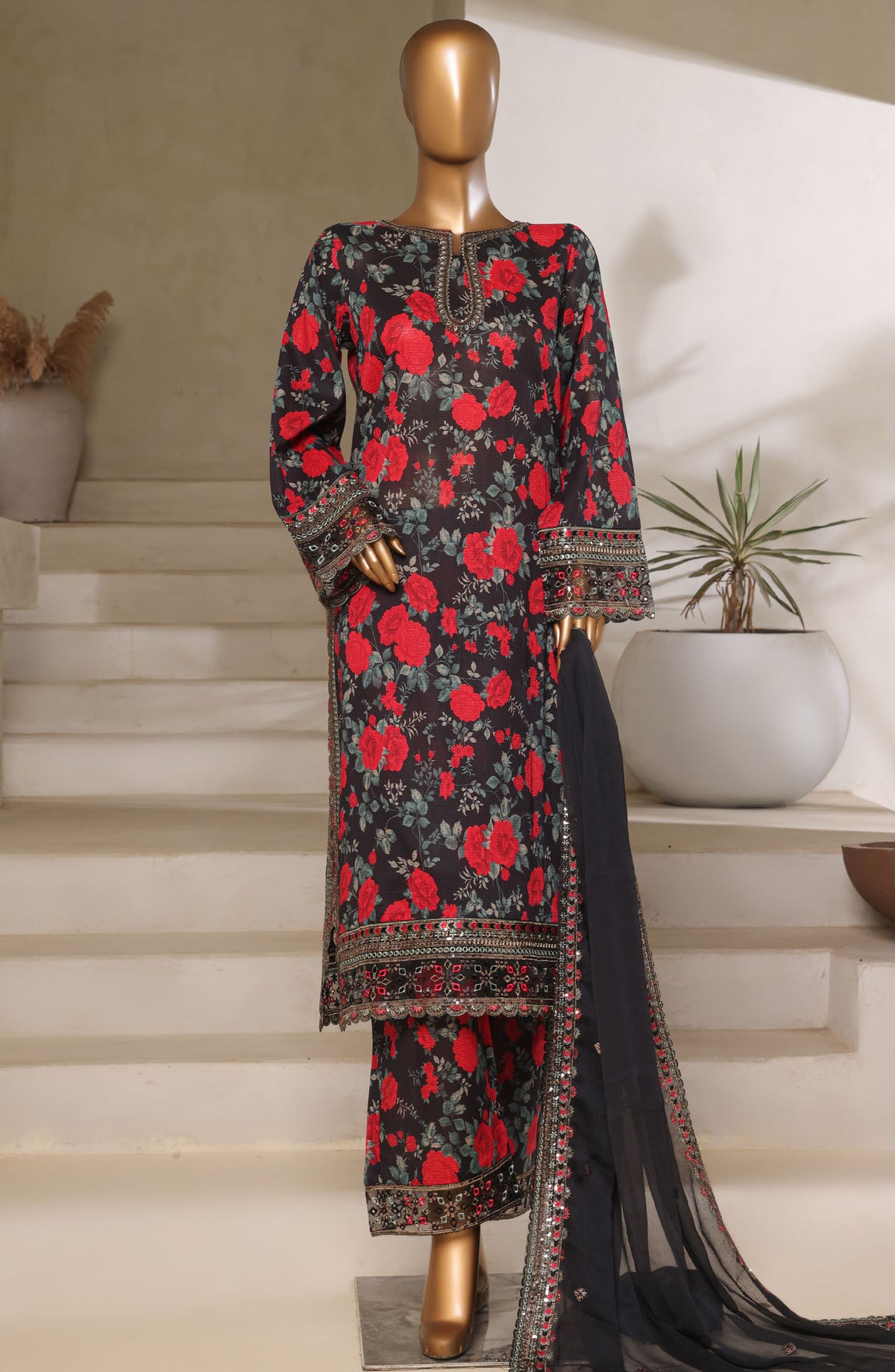 Malika by Sadabahar Embroidered Lawn Stitched 3 Piece Suit - D-04 - SBD25MEFV5 - Black - Summer Collection